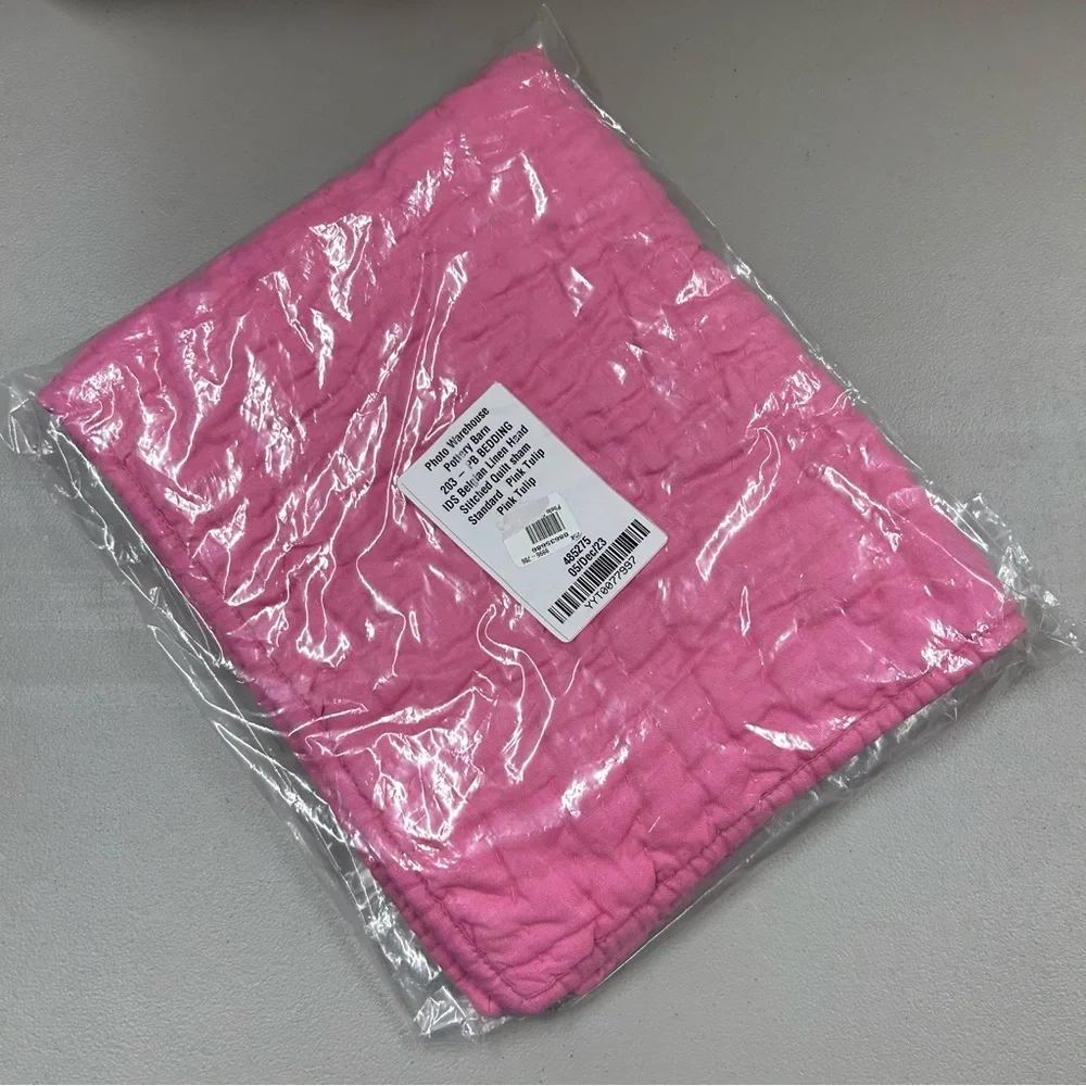 Pottery Barn Standard Pillow Sham Belgian Linen Hand Stitched Quilted Pink Tulip